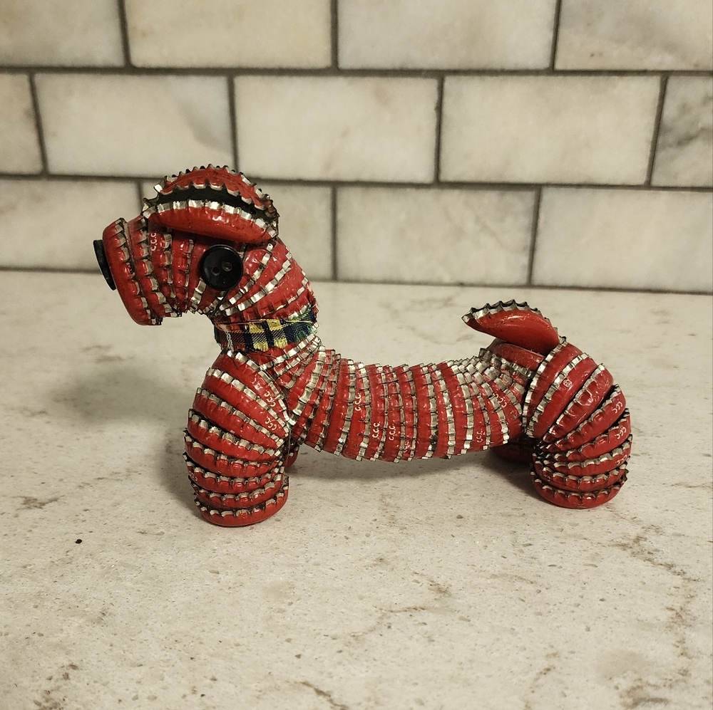 Vintage bottle cap folk art dog sculpture beer cap red dachshund